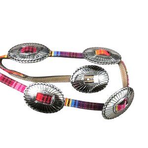 NEW Womens Western Concho Belt  Size 34 Multicolor Woven Strap & Silver Buckle